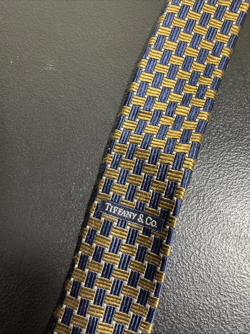 Tiffany & Co mens brown blue check jacquard 100% silk luxury neck tie EUC